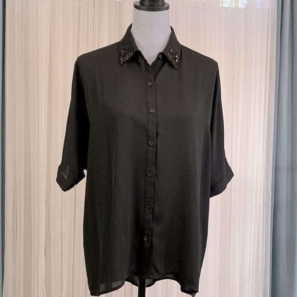 🟢3 items for $——20DANIEL Rainn blouse sequined collar button front hi-lo hem - Picture 2 of 13